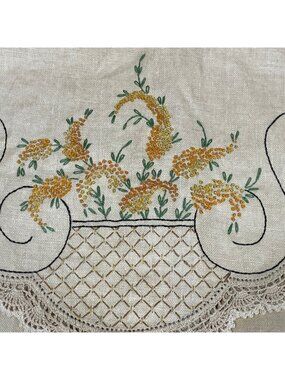 Vintage Embroidered Floral Table Dresser Runner With Crochet Edge 42" x 15"